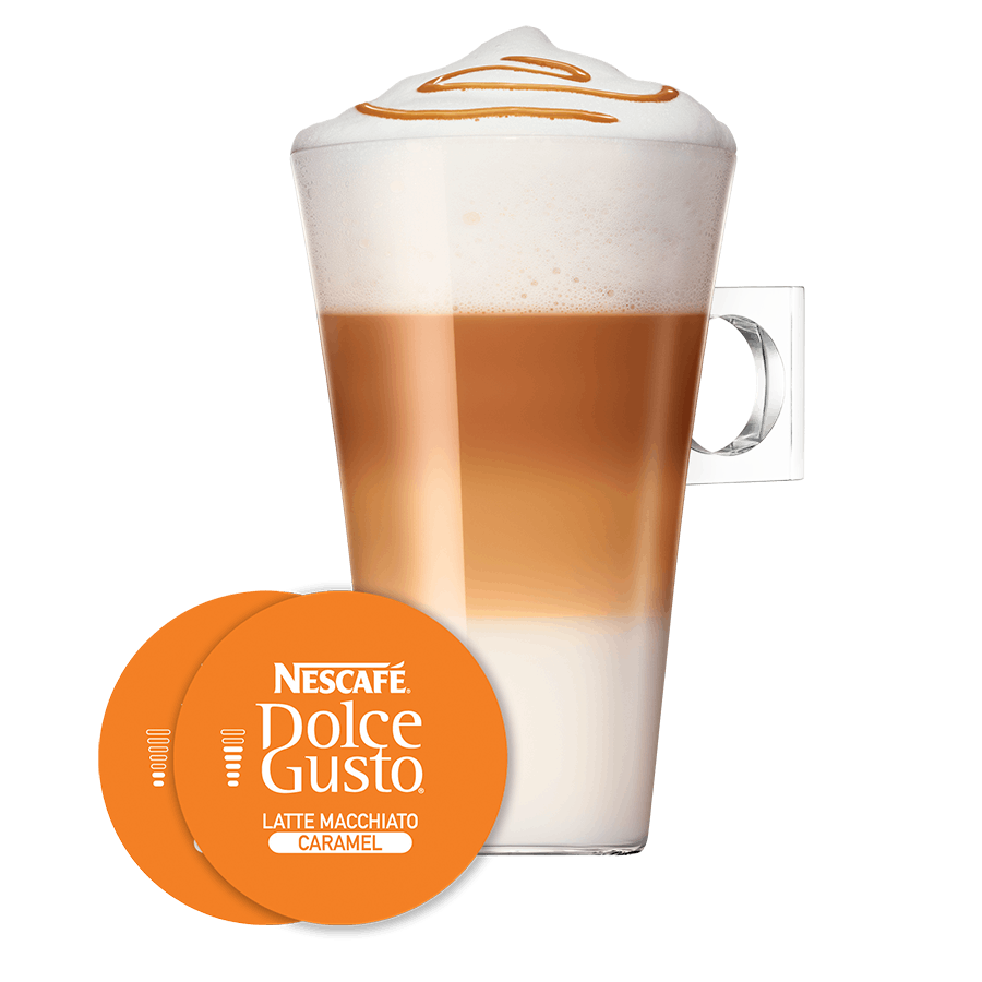 CARAMEL LATTE MACCHIATO NESCAFÉ® Dolce Gusto® kapsułka i filiżanka z kawą