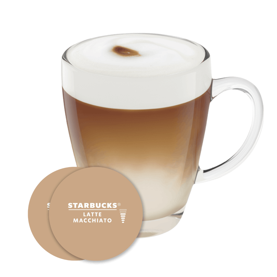 STARBUCKS LATTE MACCHIATO NESCAFÉ® Dolce Gusto® kapsułka i filiżanka z kawą