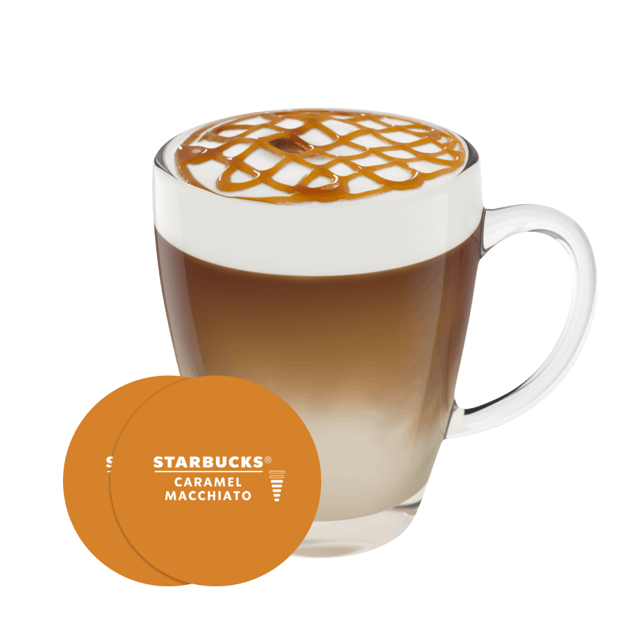 STARBUCKS CARAMEL MACCHIATO NESCAFÉ® Dolce Gusto® kapsułka i filiżanka z kawą