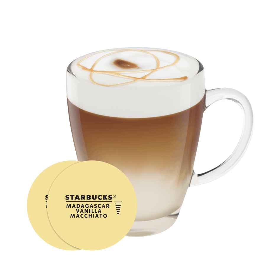 STARBUCKS® LATTE MACCHIATO VANILLA NESCAFÉ® Dolce Gusto® kapsułka i filiżanka z kawą